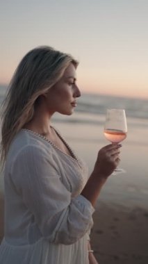 Sarışın bir kadın kumsalda durup okyanusta gün batımını izlerken bir bardak gül şarabının tadını çıkarıyor..