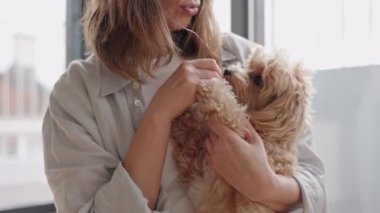 Sevgi dolu köpek sahibi, küçük, sevimli bir köpeği besliyor. İnsanlar ve hayvanlar arasında ilgi ve arkadaşlık gösteriyor..