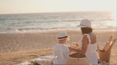 Bir anne ve oğul plajda rahatlatıcı bir pikniğin tadını çıkarırlar, meyve suyunun tadını çıkarırlar ve güzel okyanus manzaraları seyrederler. Bu iç açıcı sahne, yazı, aileyi ve birlikte geçirdiğimiz zamanı hatırlatıyor.