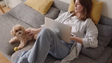 Bir kadın rahat bir kanepede, dizüstü bilgisayarda çalışırken sevimli Maltipoo köpeğini yanında okşuyor..