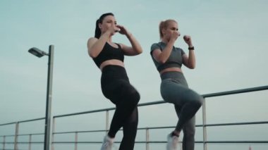 İki atletik kadın gün batımında deniz kenarında kickboks antrenmanı yapıyor..