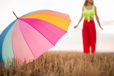 Canlı bir şemsiye kuru bir tarlada yatarken, parlak elbiseli bir kişi yanında duruyor, neşeli ve eğlenceli bir açık hava havası yaratıyor..