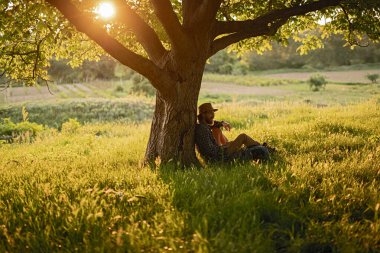 Bir adam, altın bir günbatımında, bir ağacın altında oturmuş doğayla uyum ve huzuru çağrıştıran sessiz bir anın tadını çıkarıyor..