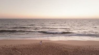 Gün batımında kumsalda yürüyen bir anne ve oğlunun hava görüntüsü. Onlar tatilde birlikte vakit geçiriyorlar..