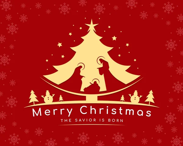 圣诞节快乐 救世主出生在马槽里 带着孩子耶稣 戴着金色的圣诞树标志 在雪白的质感和红色的背景矢量的设计中满天飞 — 图库矢量图片