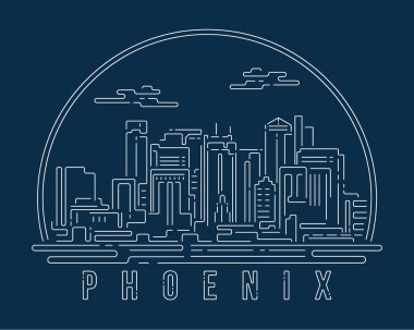 Beyaz soyut çizgi eğrisi olan şehir manzarası koyu mavi arka planda modern stil, Skyline şehir vektör çizimi tasarımı - Phoenix