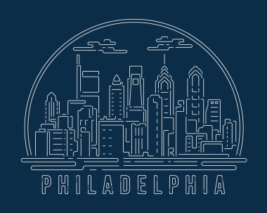 Beyaz soyut çizgi eğrisi olan şehir manzarası koyu mavi arka planda modern stil, Skyline şehir vektör çizimi tasarımı - Philadelphia