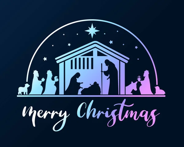 メリークリスマスともにグラデーション青紫キリスト降誕のシーンと三人の賢者暗い夜に星とともに暗い背景ベクトルデザイン — ストックベクタ