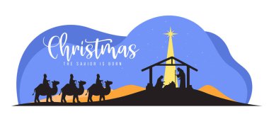 Noel 'de, kurtarıcı gece karanlığında noel manzarası ile doğar. Meryem ve Joseph bebek İsa ile birlikte bir ahırda ve üç bilge adam Beytüllahim vektör tasarımının yıldızına giderler.