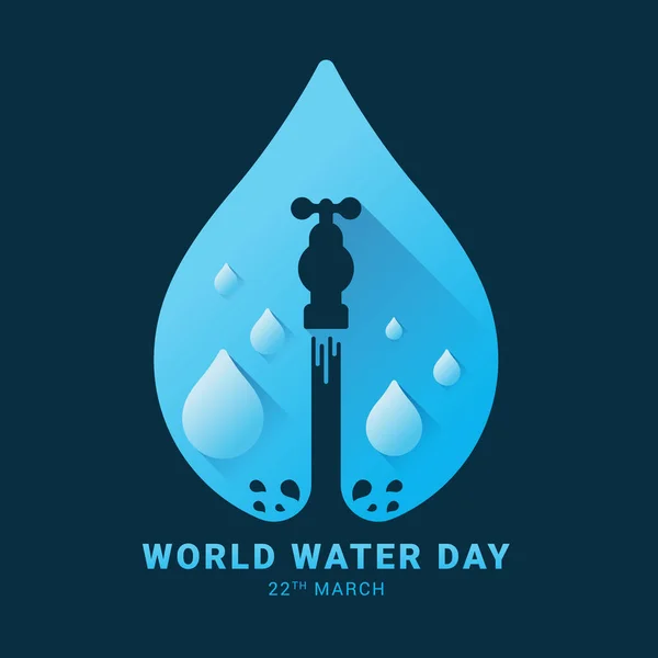 世界の水の日のバナー 青い滴の水の中の水道水からの水の流れダークブルーの背景ベクトルのデザイン — ストックベクタ