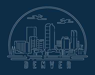 Beyaz soyut çizgi eğrisi olan şehir manzarası koyu mavi arka planda modern stil, Skyline şehir vektör çizimi tasarımı - Denver