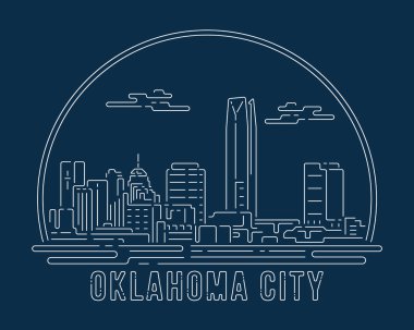 Beyaz soyut çizgi eğrisi olan şehir manzarası koyu mavi arka planda modern tarz, gökyüzü şehir vektör çizimi tasarımı - Oklahoma City