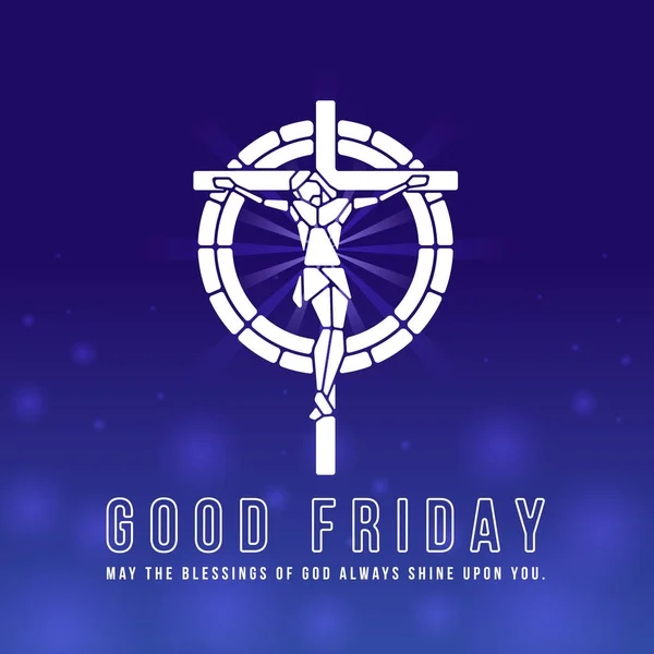 好星期五 在蓝色紫光背景矢量设计的交叉符号上钉十字架的白色抽象马赛克耶稣 — 图库矢量图片