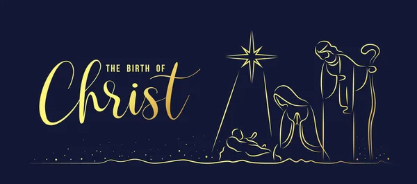 基督的诞生 用深蓝色背景矢量设计抽象的金线画 带玛丽的诞生 带着婴儿耶稣的马槽里的约塞德 — 图库矢量图片