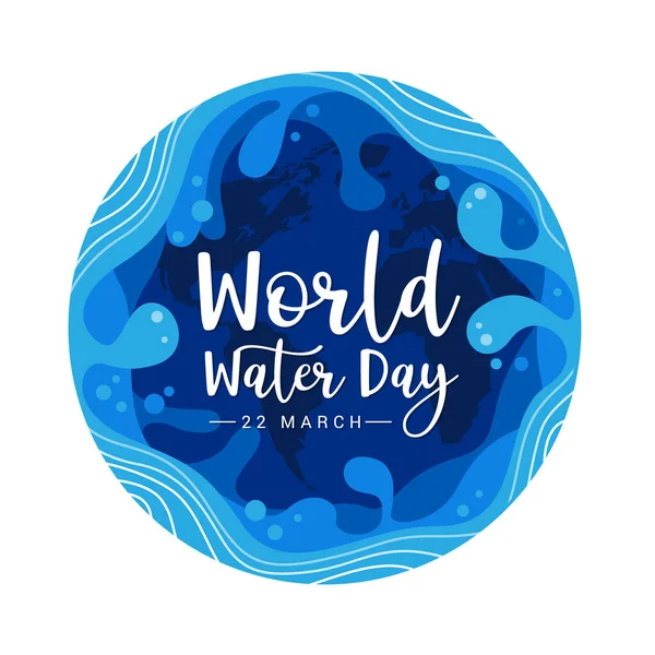 世界の水の日 抽象的な円の水のスプラッシュと波の層と世界地図テクスチャの背景 フラットスタイルベクトルデザイン — ストックベクタ