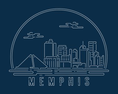 Beyaz soyut çizgi eğrisi olan şehir manzarası koyu mavi arkaplan üzerinde modern stil, gökyüzü şehir vektör çizimi tasarımı - Memphis