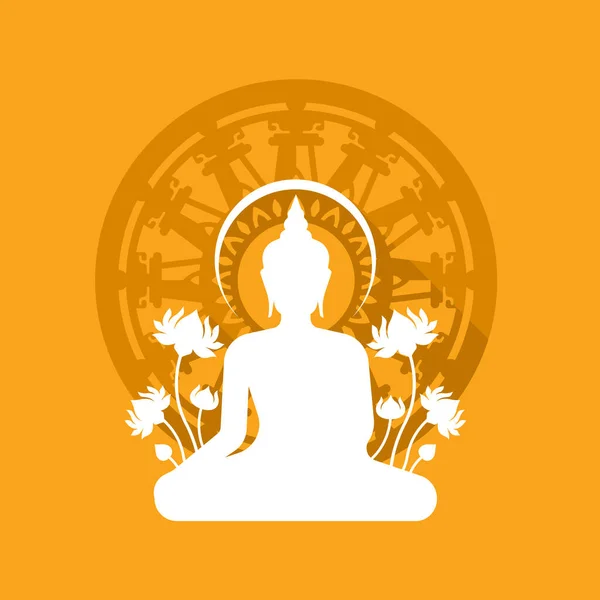 Moderno Buda Blanco Meditado Signo Flor Loto Alrededor Rueda Dharmachakra — Archivo Imágenes Vectoriales