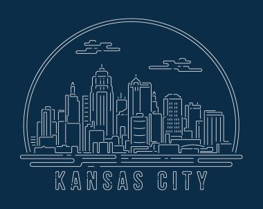 Kansas City - Beyaz soyut köşe eğrisi olan Cityscape koyu mavi arka planda modern stil, Skyline şehir çizimi tasarımı