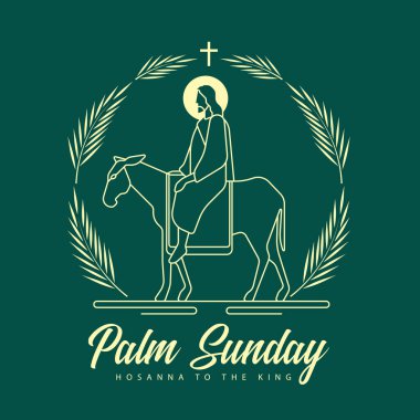 Palm Sunday - Sarı modern hat İsa eşeğe binerek Kudüs 'e giriyor etrafında palmiye yaprakları daireler çiziyor ve koyu yeşil arka plan tasarımı üzerinde haç işareti var.