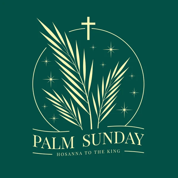 棕榈周日 黄褐色棕榈叶 星光闪烁 在深绿色背景矢量设计的直线圈中交叉十字架标志 — 图库矢量图片