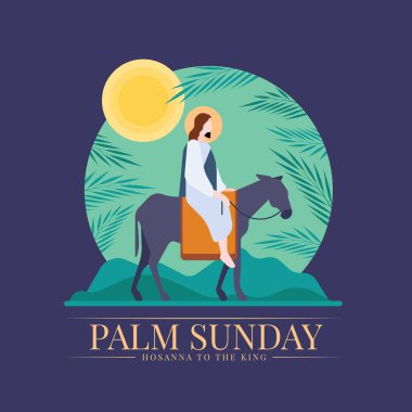 Palm sunday - Jesus riding donkey entering jerusalem with palm leaves circle around and sun on dark purple background vector design
