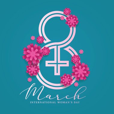 International women's day - white female symbol and number eight mix sign with pink flower around and march text on blue green background vector design clipart