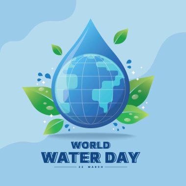 world water day - circle globe world in drops water sign with green leafs and drop water around on soft blue background vector design
