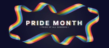Pride month, pride of all genders text in and Two line rainbow pride ribbon waving roll around frame on dark background vector design