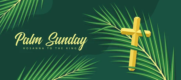 Palm Sunday Gold Cross Crucifix Green Palm Leaves Dark Green — Stockvector
