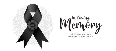 In loving memory of those who are forever in our hearts text and black ribbon with flower bow on circle rose texture background vector design