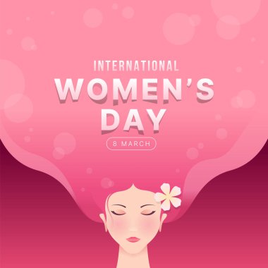 International women's day - Front head of woman with pink hair long to top with flower on pink background vector design