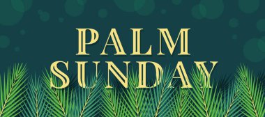 Palm sunday text and green palm leaves below on dark green background vector design