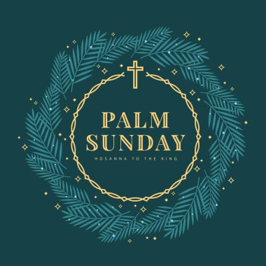 Palm sunday text ib gold circle thorns with cross crucifix on top and palm leaves around on dark green background flat style vector design