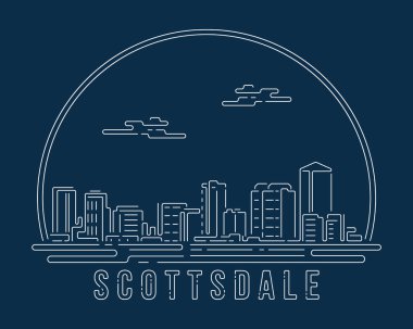 Scottsdale - Beyaz soyut köşe eğrisi olan Cityscape koyu mavi arkaplan üzerinde modern stil, Skyline şehir vektör çizimi tasarımı