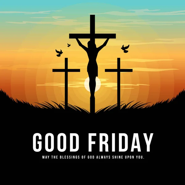 美好的星期五 轮廓黑色三十字架与耶稣基督十字架交叉和阳光矢量设计 — 图库矢量图片