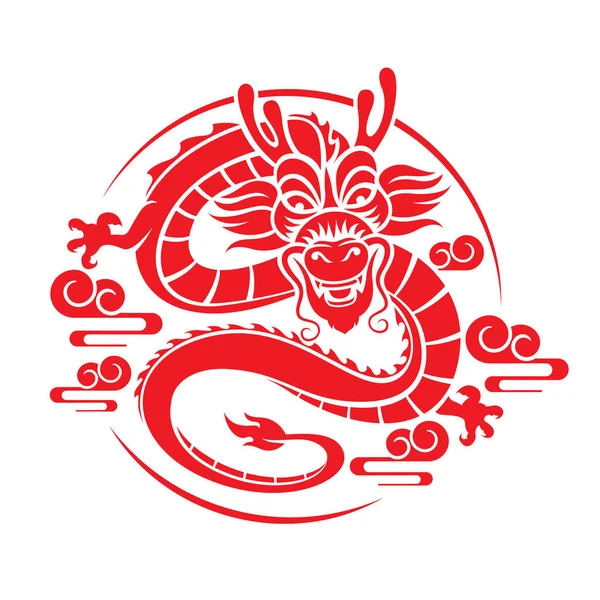 中国黄道带动物 中国农历新年矢量设计中带云彩的红色中国龙的圆形运动波 — 图库矢量图片