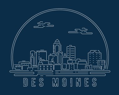 Des Moines - Beyaz soyut köşe eğrisi olan Cityscape koyu mavi arkaplan üzerinde modern stil, Skyline şehir vektör çizimi tasarımı