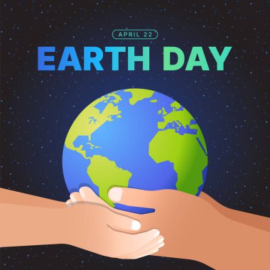 Dünya günü, 22 Nisan metin - Tarikat elleri ve çocuk elleri samanyıldız desenli arka plan vektör tasarımında dünyayı tutuyor