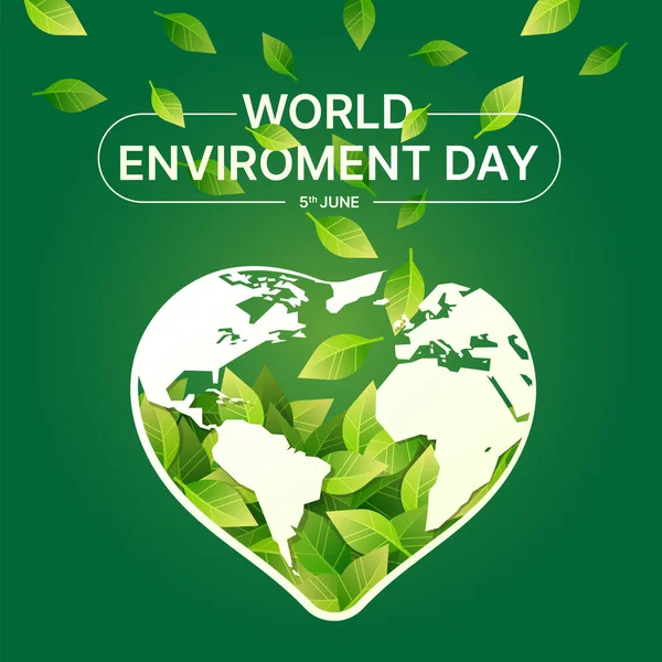世界环境日 绿色背景矢量设计的绿叶落向地球世界 — 图库矢量图片