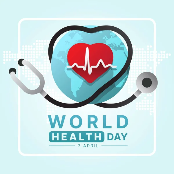 健康の日 世界中の聴診器が心臓を回転させ 赤いハートとハートのリズムの波線が柔らかい青の背景ベクトルのデザインにサイン — ストックベクタ