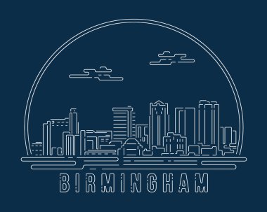 Birmingham - Beyaz soyut köşe eğrisi olan Cityscape koyu mavi arka planda modern stil, Skyline şehir vektör çizimi tasarımı