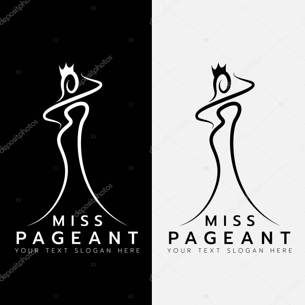 Miss pageant logo - Line art the beauty queen pageant raise hand to touch the crown on head vector design