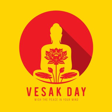 Vesak day wish the peace in your mind - Buddha meditated in red circle with lotus in center body on yellow background vector design clipart