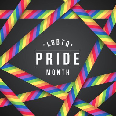 LGBTQ + Siyah arkaplan üzerine gurur ay metni ve vektör tasarımı etrafında gökkuşağı gurur bandı çapraz