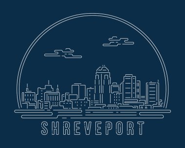 Shreveport - Beyaz soyut köşe eğrisi olan Cityscape koyu mavi arkaplan üzerinde modern stil, Skyline şehir vektör çizimi tasarımı inşa