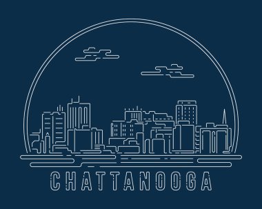 Chattanooga - Beyaz soyut köşe eğrisi olan Cityscape koyu mavi arkaplan üzerinde modern stil, Skyline şehir vektör çizimi tasarımı