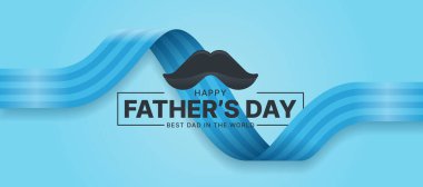 Mavi Alternatif Şerit şerit yuvarlama dalgası üzerinde Mutlu Babalar Günü mesajı ve bıyık işareti yumuşak mavi arkaplan vektör tasarımı