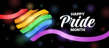 Mutlu Gurur Ayı - Metin ve renkli gökkuşağı kurdelesi siyah arkaplan vektör tasarımında ışık ve yuvarlanan kalp şekli