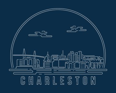 Charleston, South Carolin - Beyaz soyut köşe eğrisi olan Cityscape koyu mavi arkaplan üzerinde modern stil, Skyline şehir vektör çizimi tasarımı