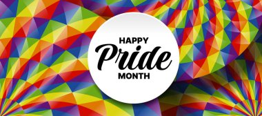 Soyut modern çember eğri gökkuşağı üzerinde beyaz daire pankartıyla Mutlu Gurur ayı metni katman dokusu arka plan vektör tasarımı ile renklendirilmiş